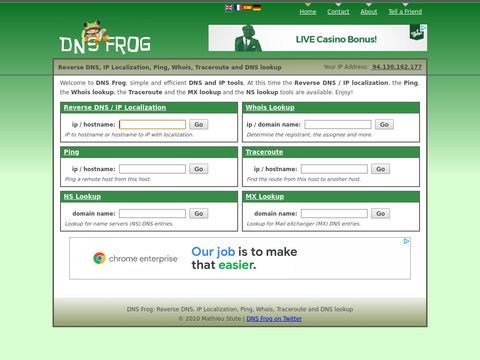Reverse DNS, IP Locator, Whois and DNS queries | DNS Frog